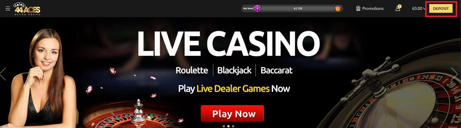 Deposit button at 44 Aces is right next to the balance display