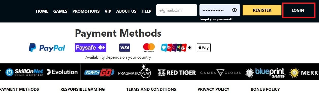 The Login button is next to the Register button at 44 Aces