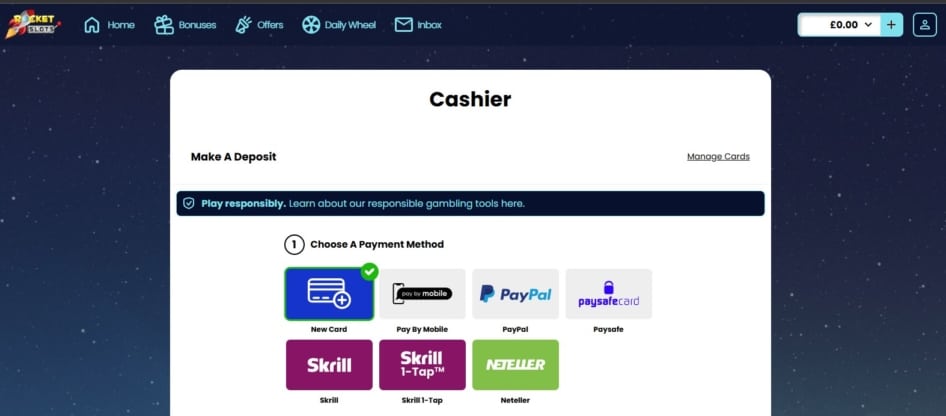 Rocket Slots payment methods include debit cards, e-wallets, vouchers, and pay-by-phone