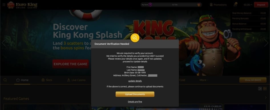 EuroKing Club KYC verification requires you to upload an ID to confirm your identity
