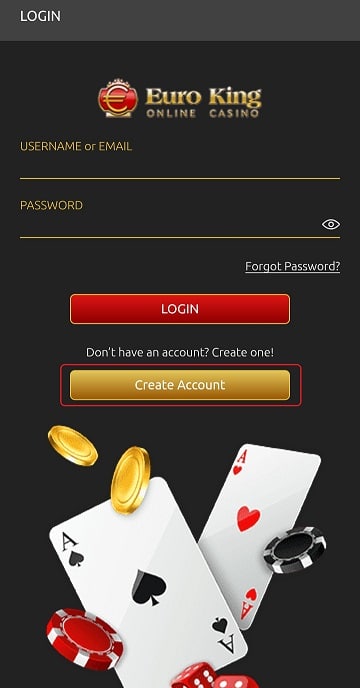 EuroKing Club Casino registration button can be found at the centre of the in-app view