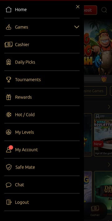 EuroKing Club Casino app menu