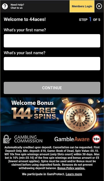 44 Aces mobile registration starts with your name