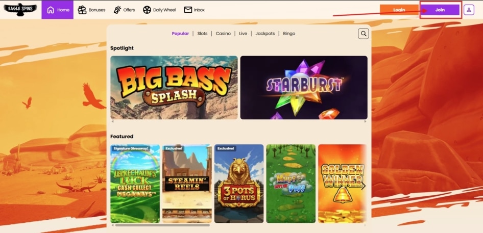 Join Button Eagle Spin Casino UK