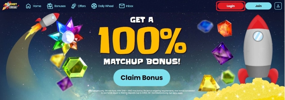 Rocket Slots log-in button is located right next to the Join button