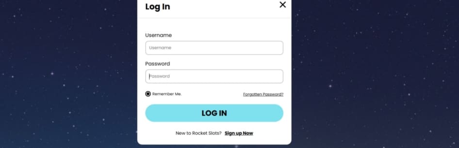 The Log In form at Rocket Slots requires you to enter basic account credentials to access your profile's dashboard