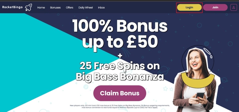 Rocket Bingo login button can be found right next to the sign-up button
