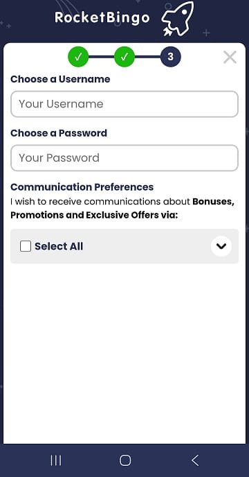 Rocket Bingo mobile account verification