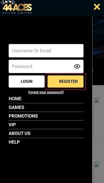 Sign-up button at 44 Aces mobile page can be found in the menu on the left