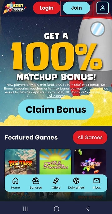 Mobile Sign Up button at Rocket Slots