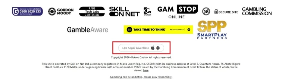 Mobile app download links at 44 Aces can be found in the site's footer