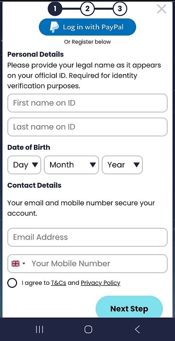 Mobile registration at Rocket Slots requires your full name, address, and date of birth