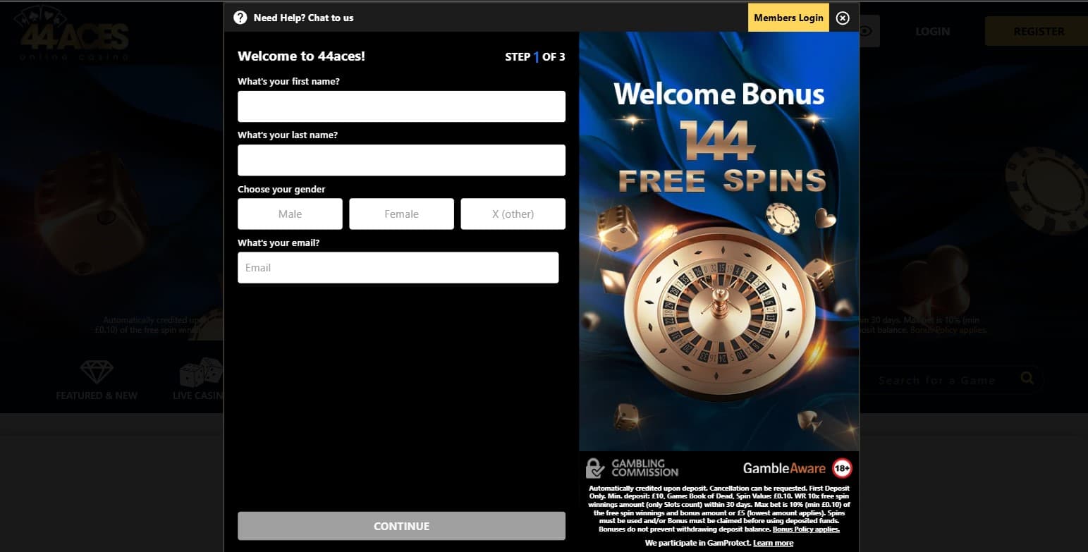 44 Aces Casino personal details verification