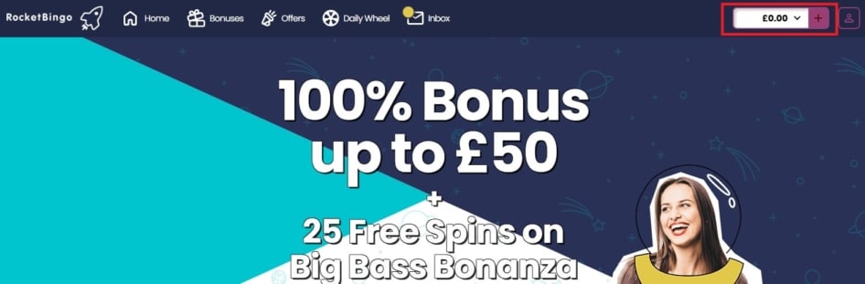 Rocket Bingo payment methods can be found through the "Plus" sign in the main dashboard