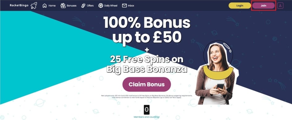 Rocket Bingo registration button