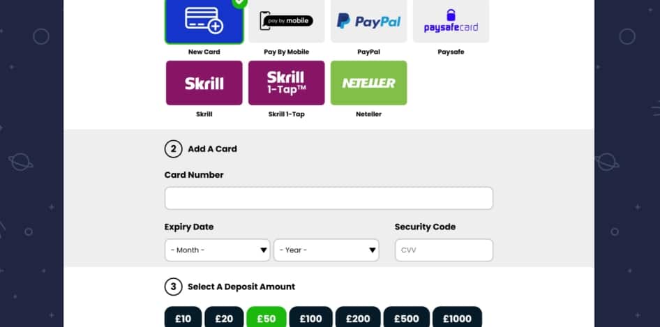 Bonus deposit options at Rocket Bingo include debit cards, e-wallets, and e-vouchers