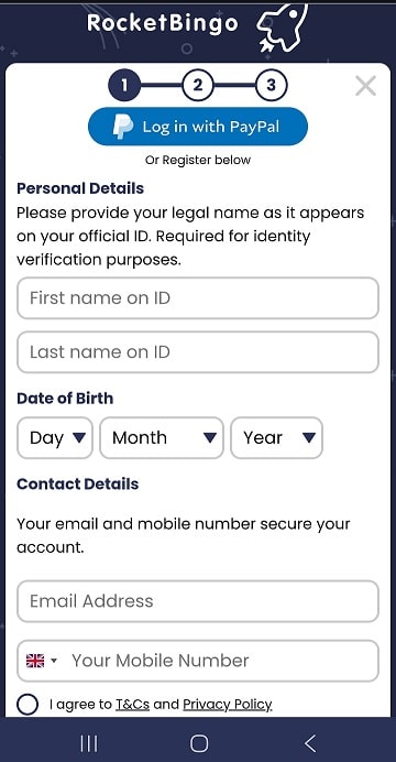 Rocket Bingo mobile registration requires you to fill in your personal details as seen on your ID