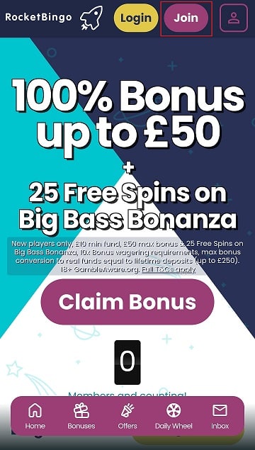 Rocket Bingo mobile registration button