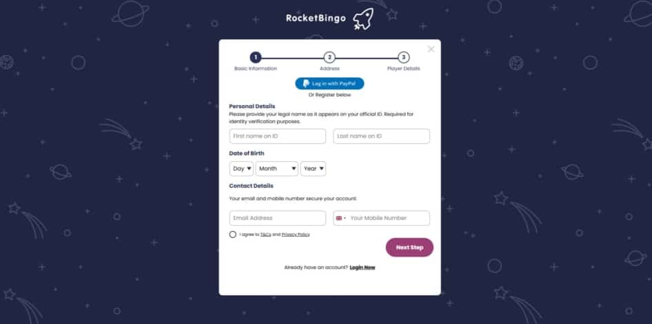 Rocket Bingo registration starts with a sign-up form requiring your basic information