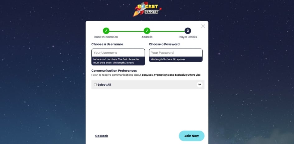 The final registration step requires you to set up log-in credentials