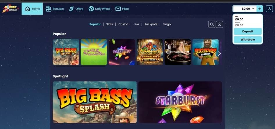 Rocket Slots Bankroll button can be found next to the balance