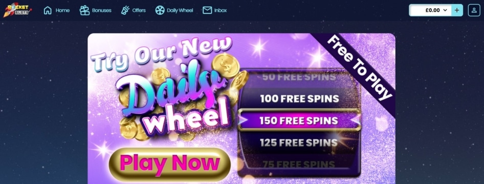 Daily Wheel Bonus at Rocket Slots features regular FS prizes