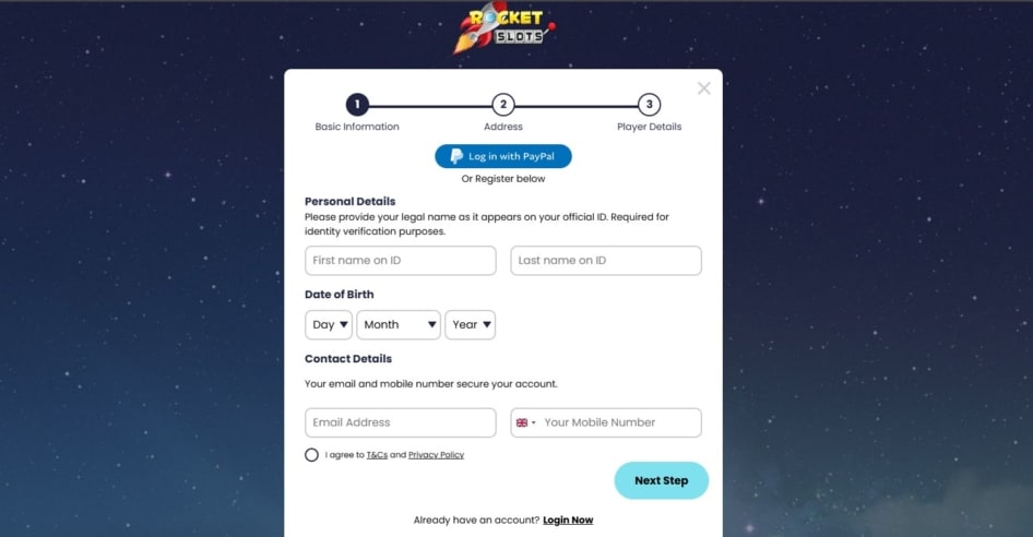 Rocket Slots requires your personal details for registration