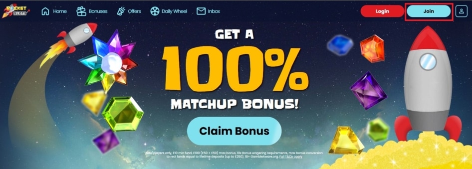 One click of the "Join" button activates the sign-up form at Rocket Slots