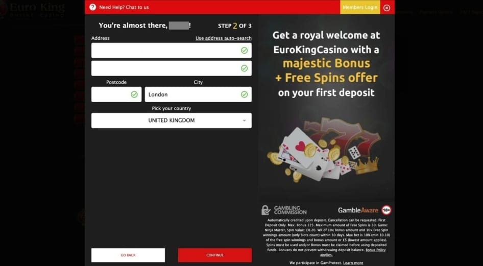 Players with a UK-registered address can sign up and join EuroKing Club Casino