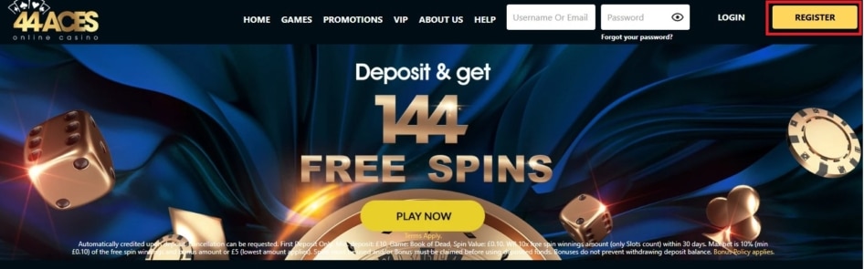 Registration button at 44 Aces can be found in the upper-right corner