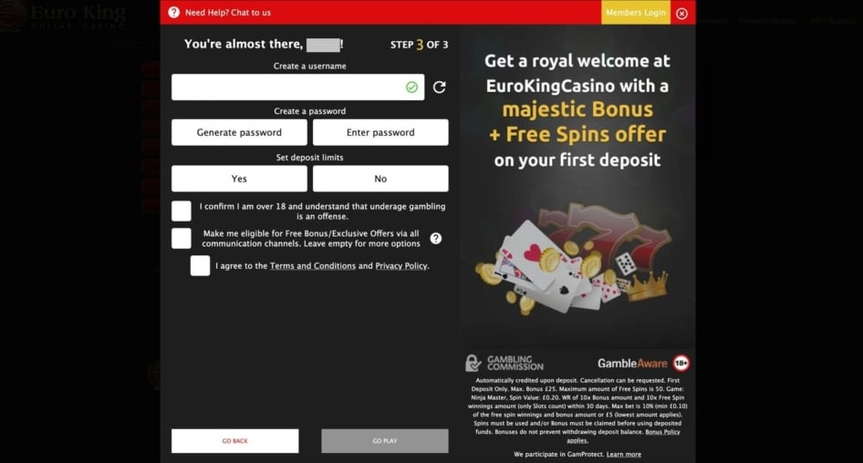 Generate a safe password to wrap up with the EuroKing Club registration