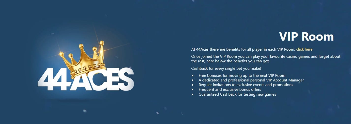 VIP promos at 44 Aces include level-up rewards and other exclusive prizes
