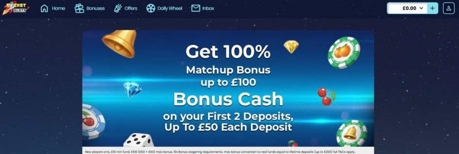 Rocket Slots features a two-part welcome bonus for all new players