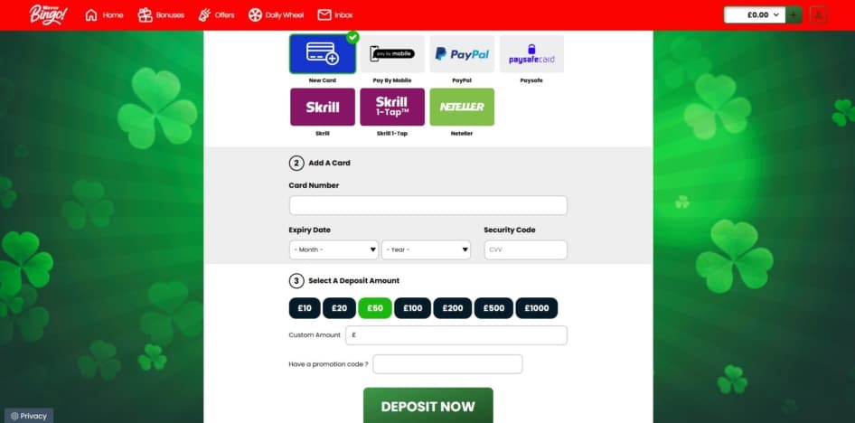 Deposit page at Mirror Bingo