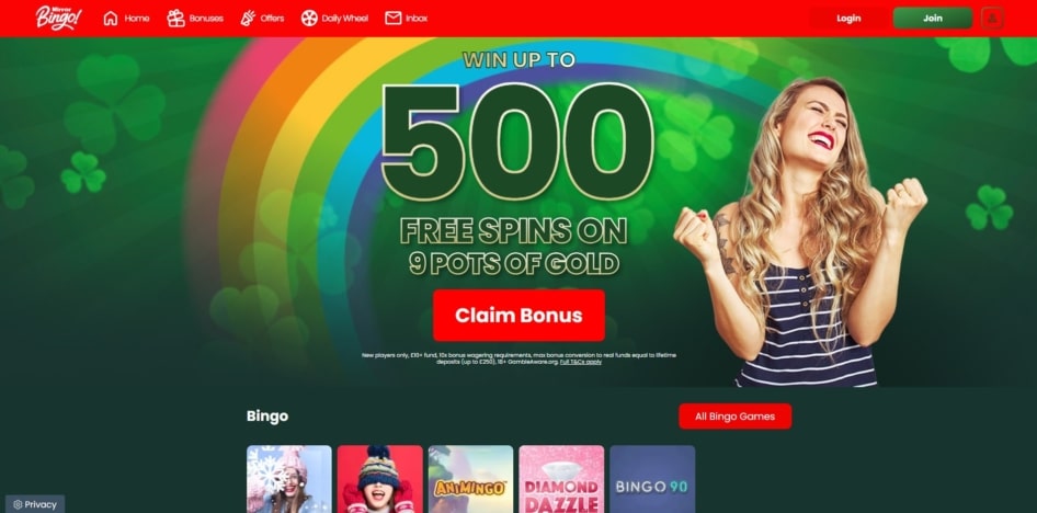 Mirror Bingo homepage