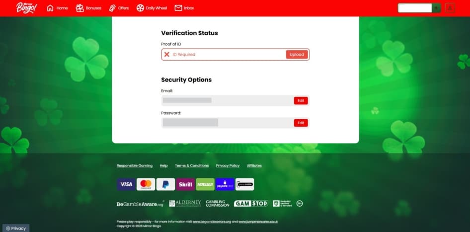 Account details page at Mirror Bingo