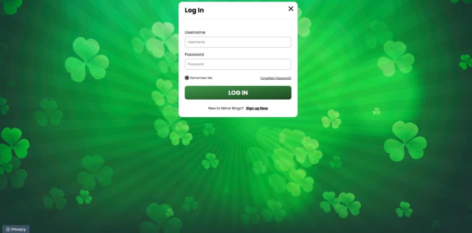 Login page at Mirror Bingo