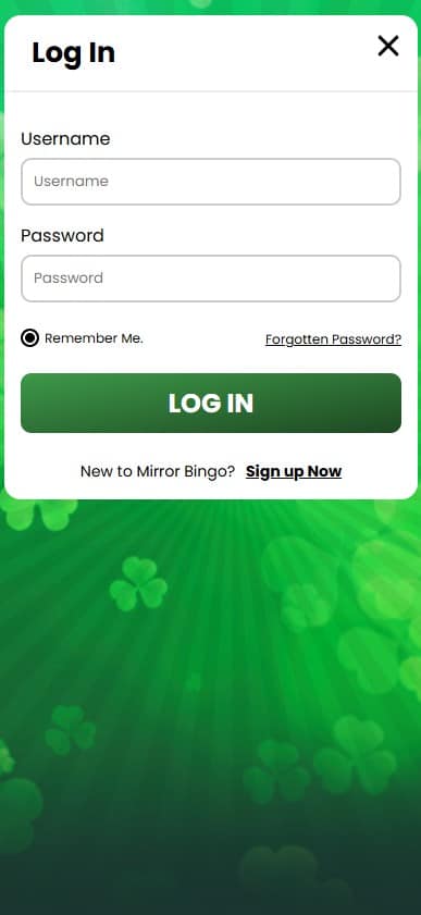 Mirror Bingo mobile login page