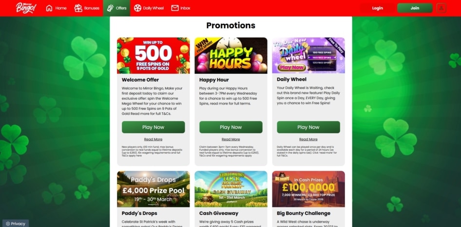 Offers at Mirror Bingo