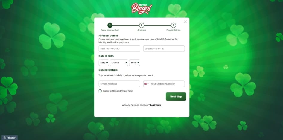 First page of the Mirror Bingo sign up process