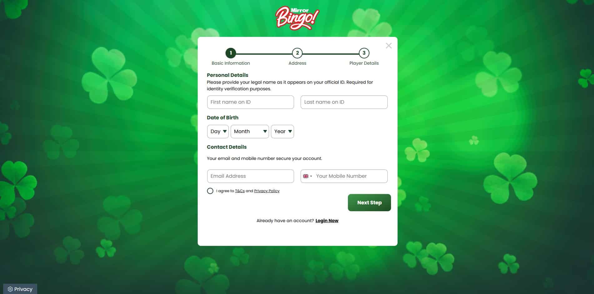 First page of the Mirror Bingo sign up process