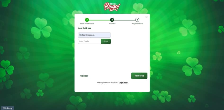 Second page of the Mirror Bingo sign up process