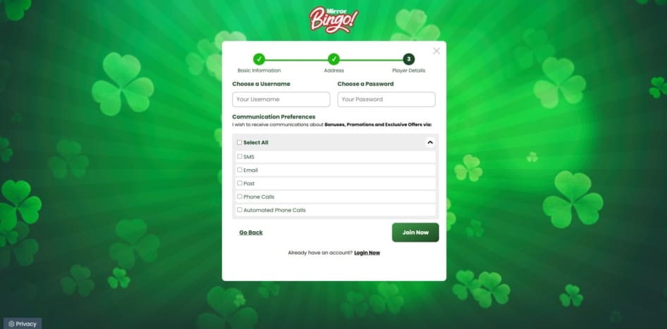 Final page of the Mirror Bingo sign up process