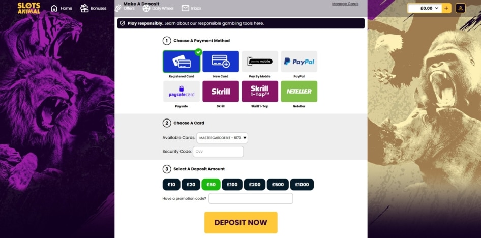 The deposit page at Slots Animal