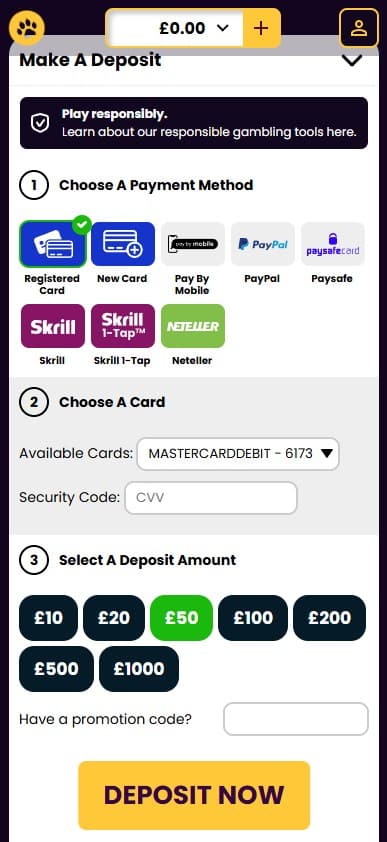 Mobile deposit page at Slots Animal