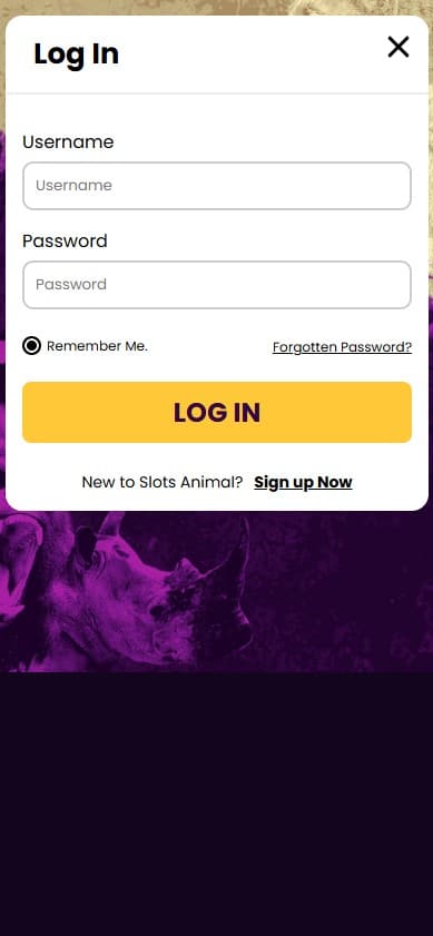 Slots Animal mobile login page