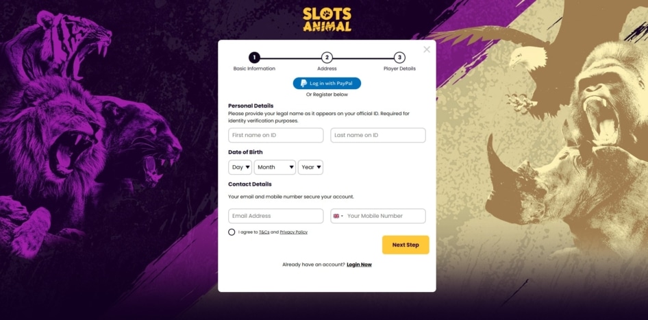 First page of the Slots animal sign up process