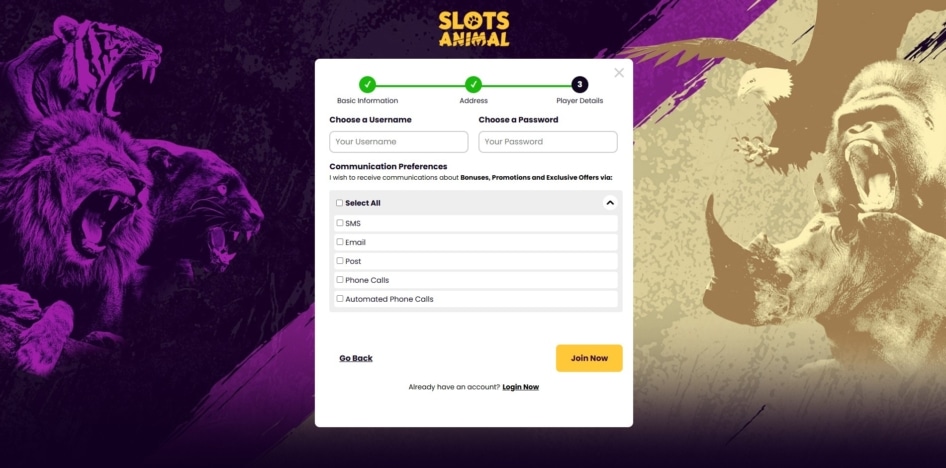 Final page of the Slots Animal sign up process