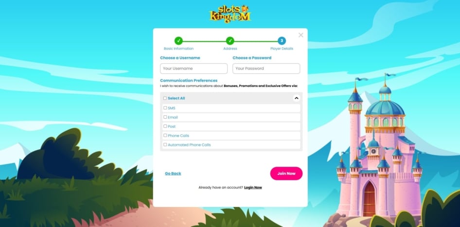 Third page of the Slots Kingdom sign up process