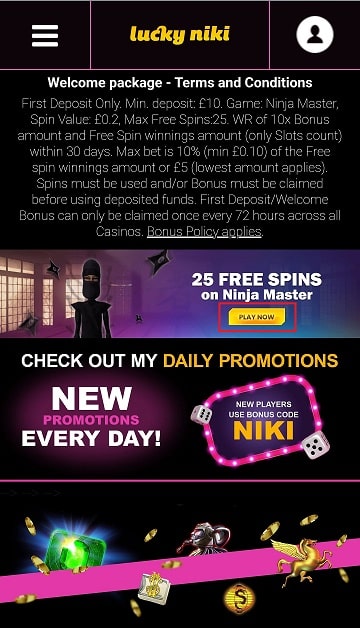 New players can join LuckyNiki Casino via the app